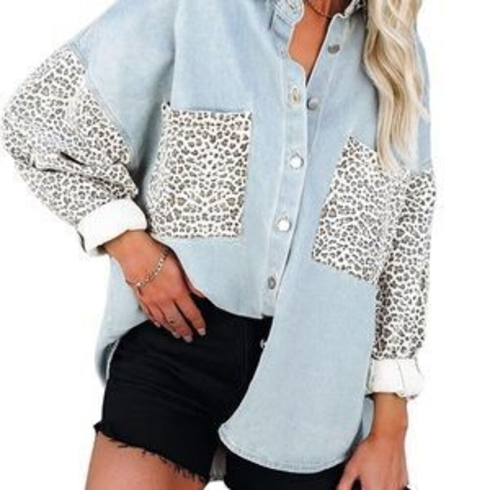leopard print trim women denim jacket oversized long sleeve shacket